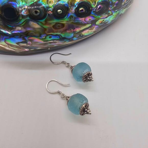 Recycled Grn Vintage Ghana Glass Beads Hill Tribe Sterling Earrings - Picture 7 of 8